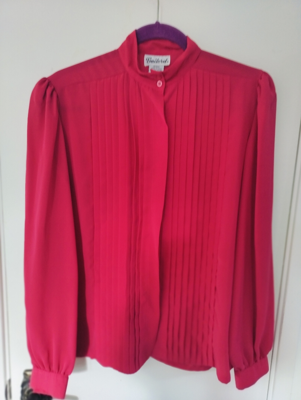 Gailord Vintage 80s Magenta High Neck Pleated Hidden Button Blouse Size 8